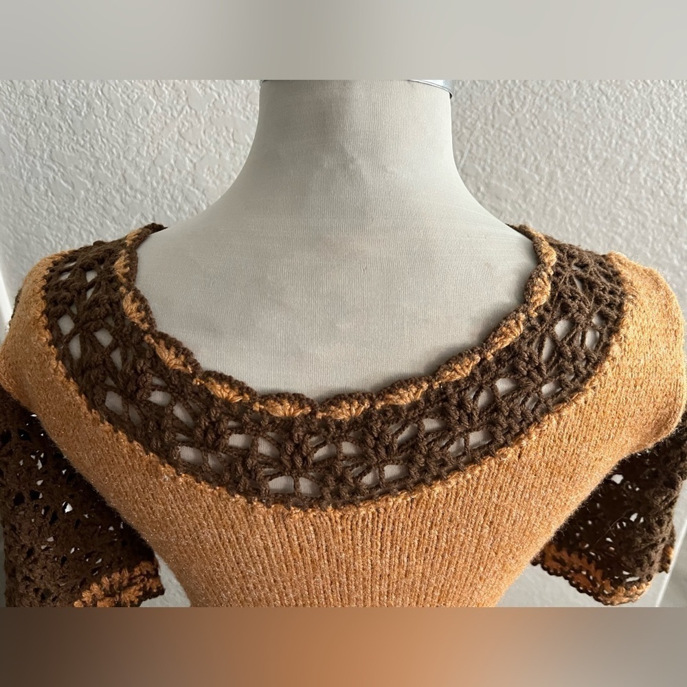 Handmade Knit Vintage A line Dress size M 6/8 dark yellow brown w belt - Picture 4 of 6